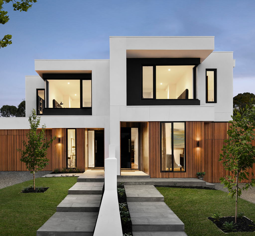 Sacramento facade: dual occupancy property with timber & white exterior with paved footpath