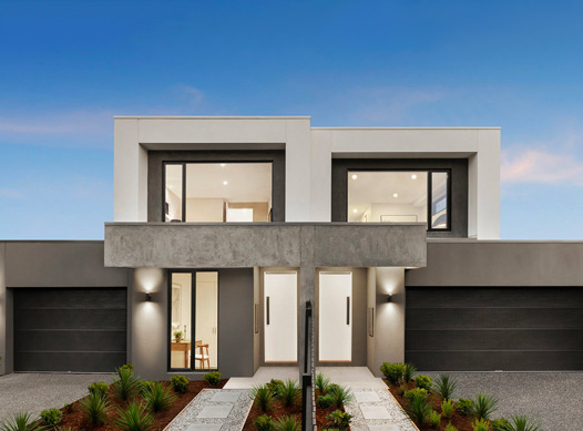 McGowan facade: dual occupancy home with grey exterior and large second storey windows