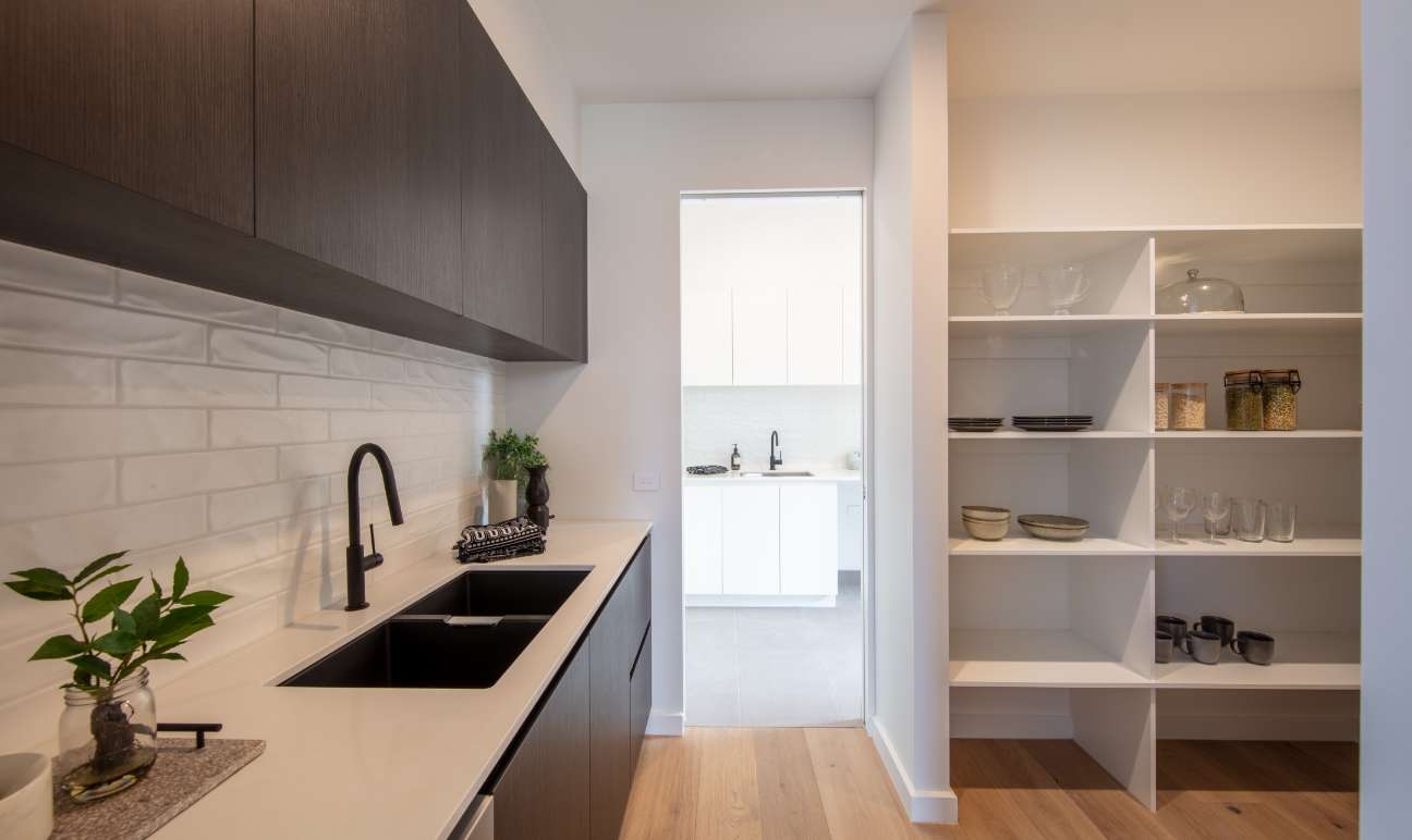 Kitchen sink and open storage cabinetry