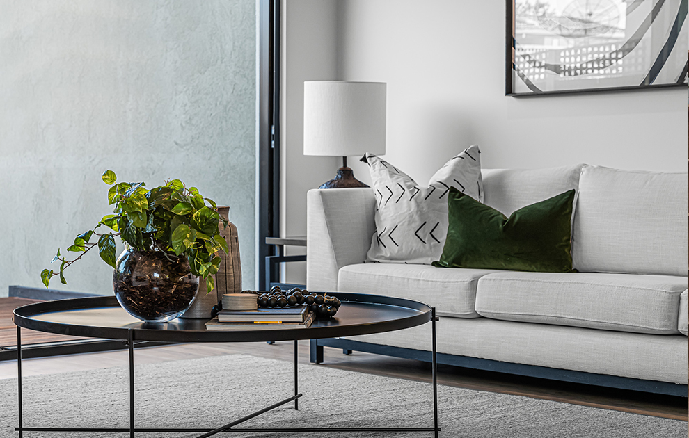 Living area with grey and black furnishings