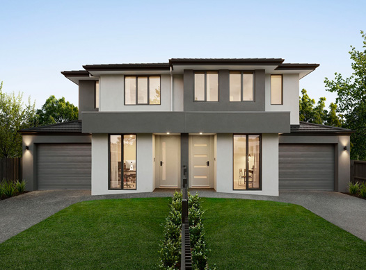 Lyons facade: dual occupancy home with grey & white exterior and neat front lawns