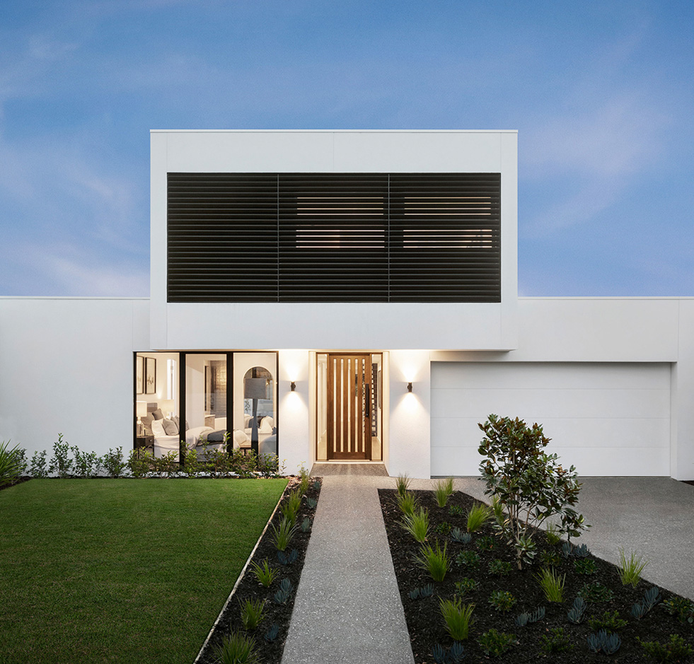 Milroy facade: double storey modern home with white exterior and black timber details