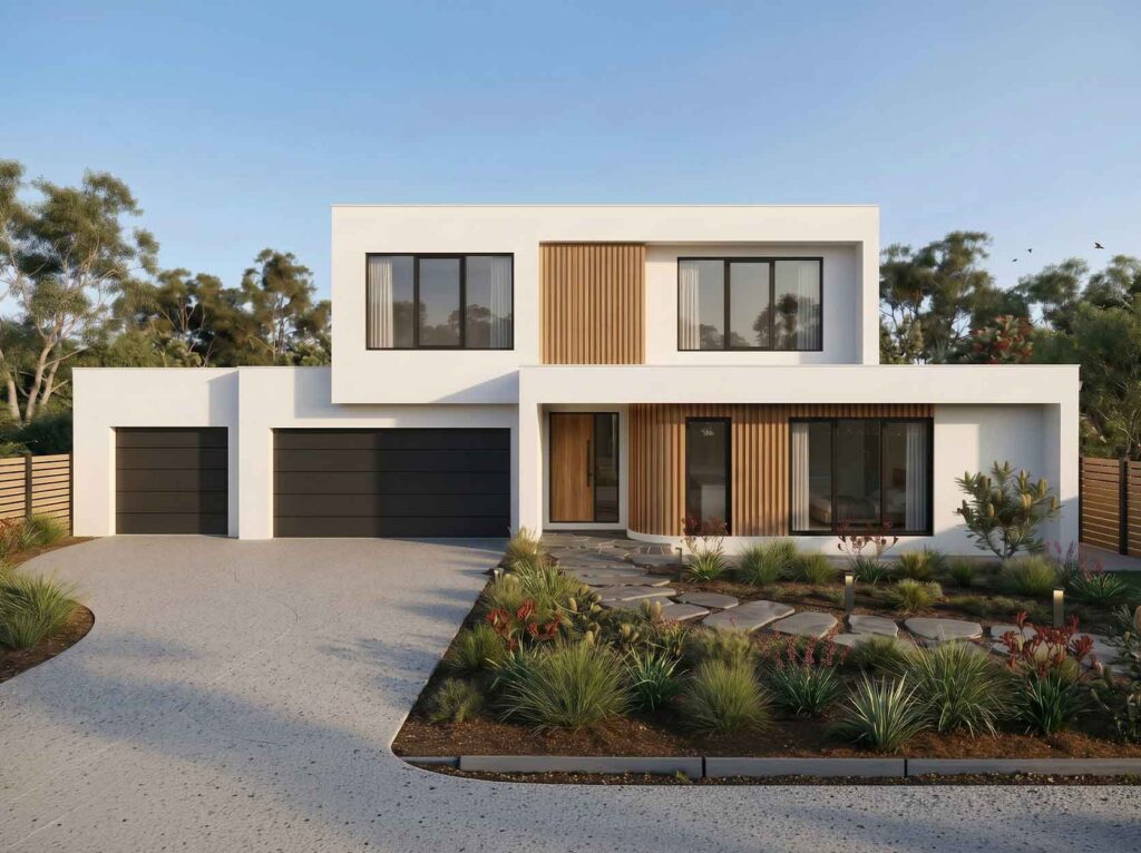 Modern two-story white house with wooden slats, large windows, and a three-car look; manicured desert-style front yard.