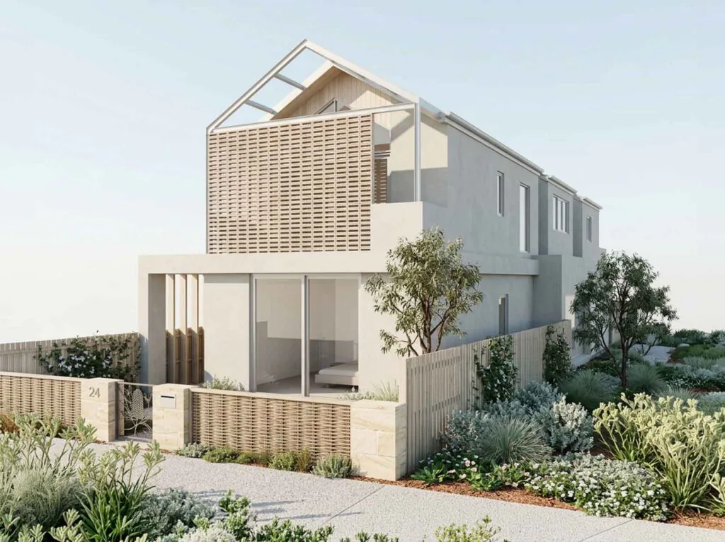 Modern two‑story residence with a lattice privacy screen and a glass-front entry garden.