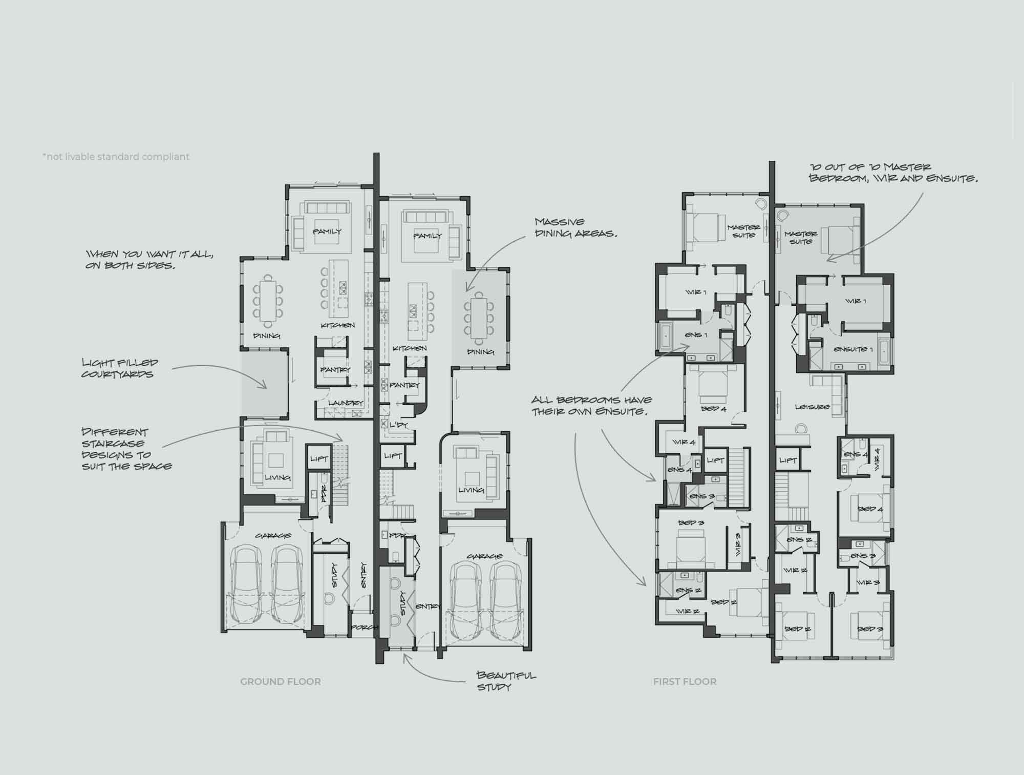 Ground and first floor plan of a residence, showing living areas, kitchens, bedrooms, garages and en-suites.