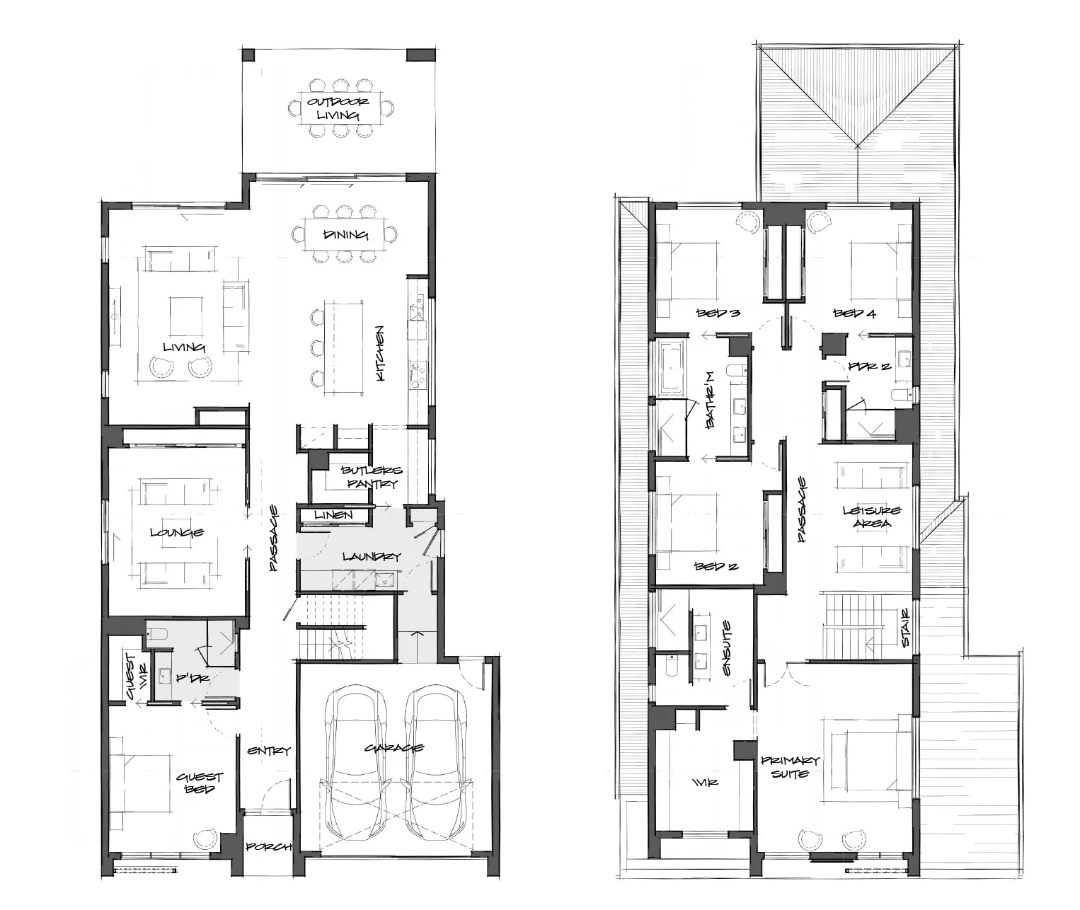 Two house floor plans side by side: left plan shows living, dining, kitchen, outdoor dining, lounge, guest rooms, entry and double garage; right plan shows bedrooms 2–4, ensuite, bath, and leisure area with stairs.