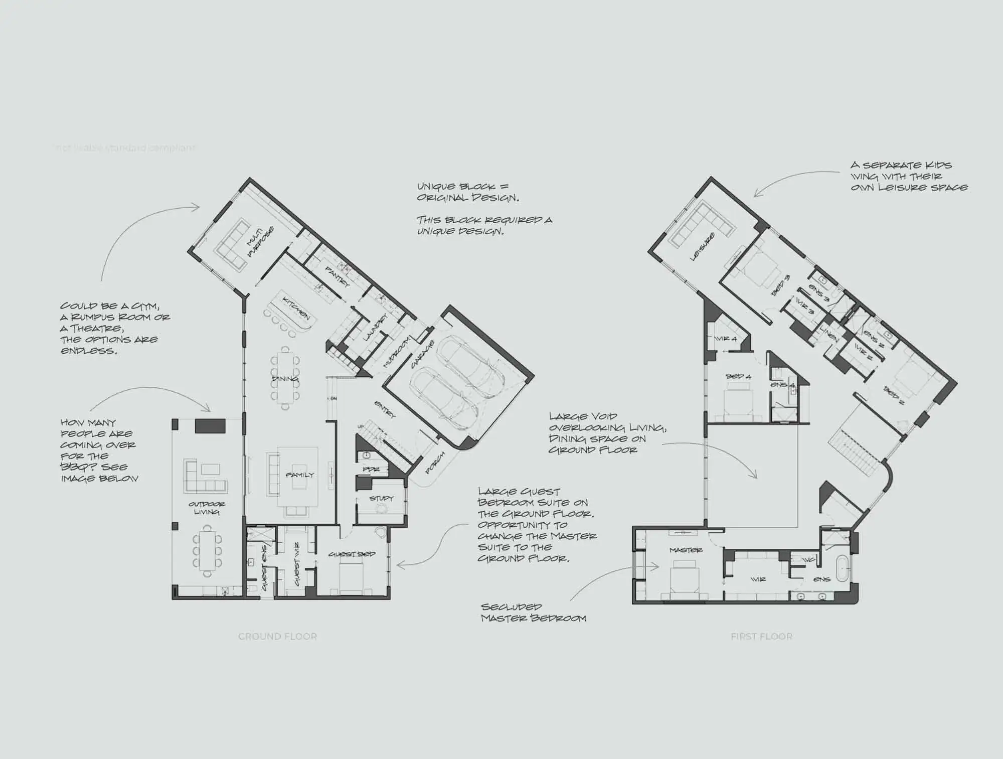 Two-story house floor plan with ground and first-floor layouts and labeled rooms (kitchen, living areas, bedrooms)