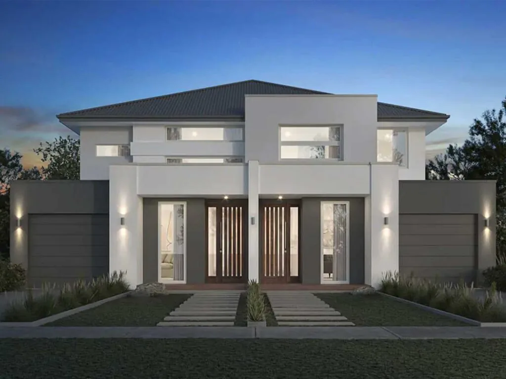 Modern two-story house with twin garages, a central double door entry, and vertical slat accents; exterior lighting at dusk with landscaped front yard.