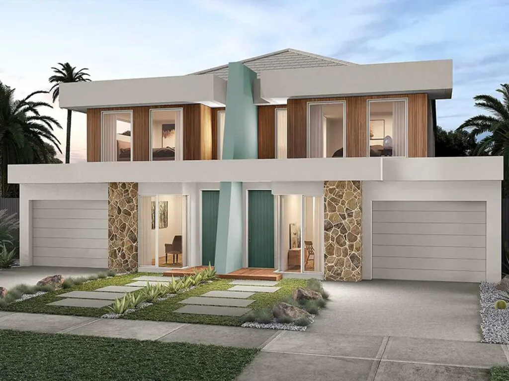 Contemporary two-story house with glass doors, stone columns, and a double garage amid tropical landscaping.
