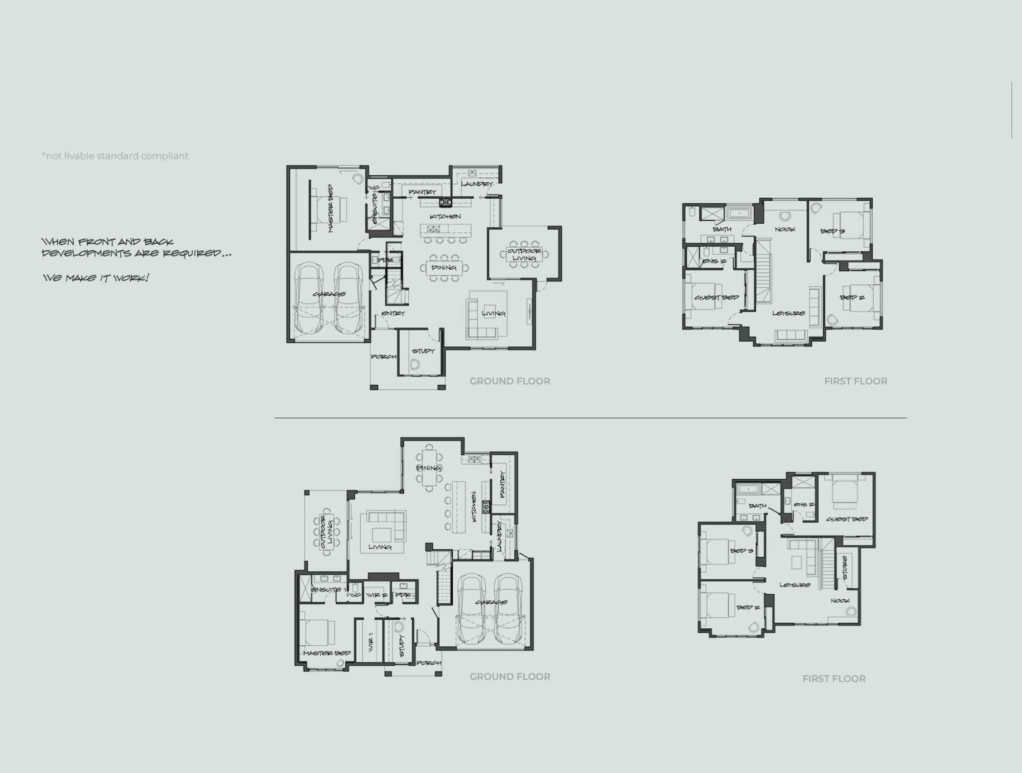 Ground and first floor blueprints of a two‑story house with labeled rooms and garage. (informative)