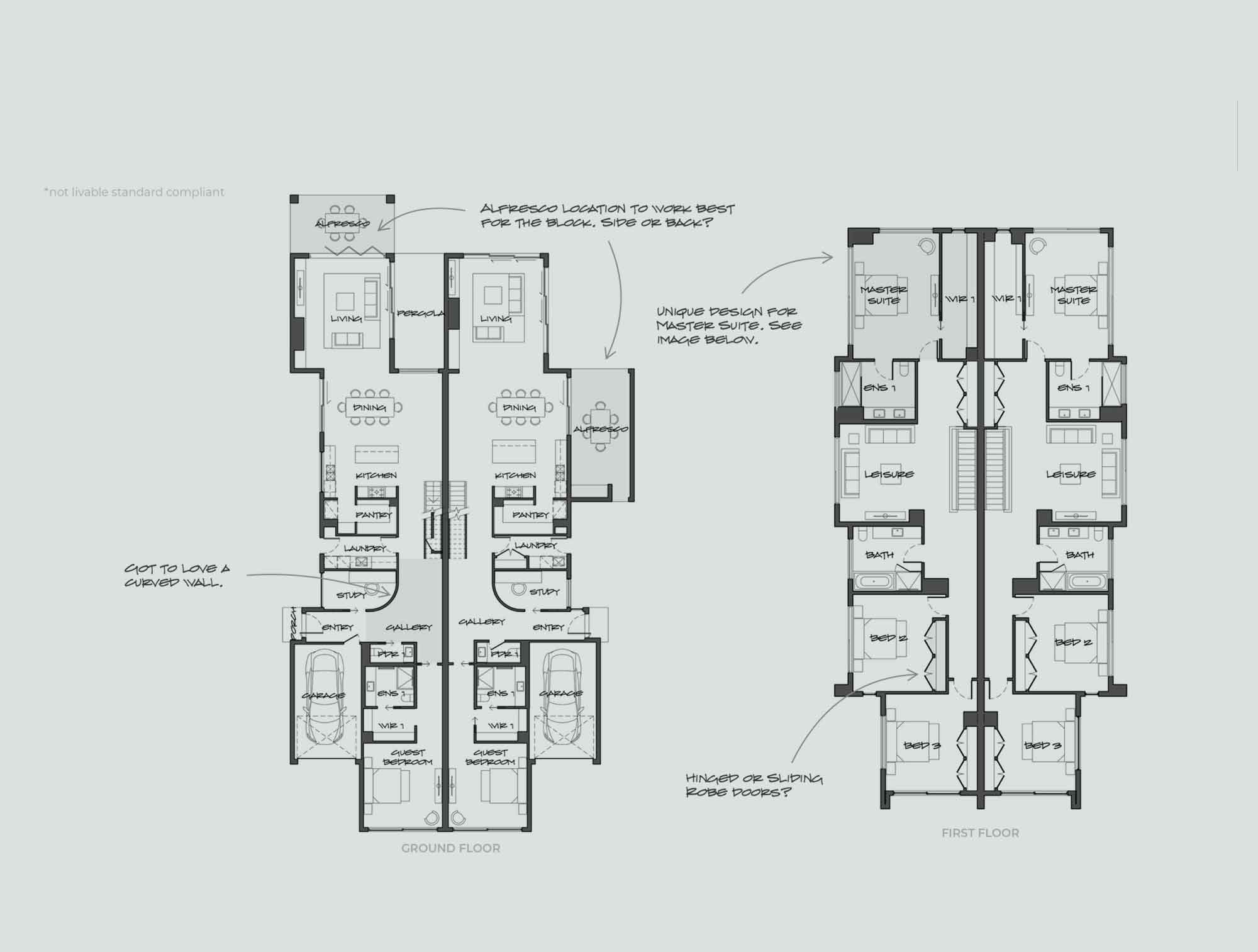 Two-story residential floor plan showing ground and first floors with labeled rooms (living, dining, kitchen, bedrooms, master suites, bathrooms, garage).