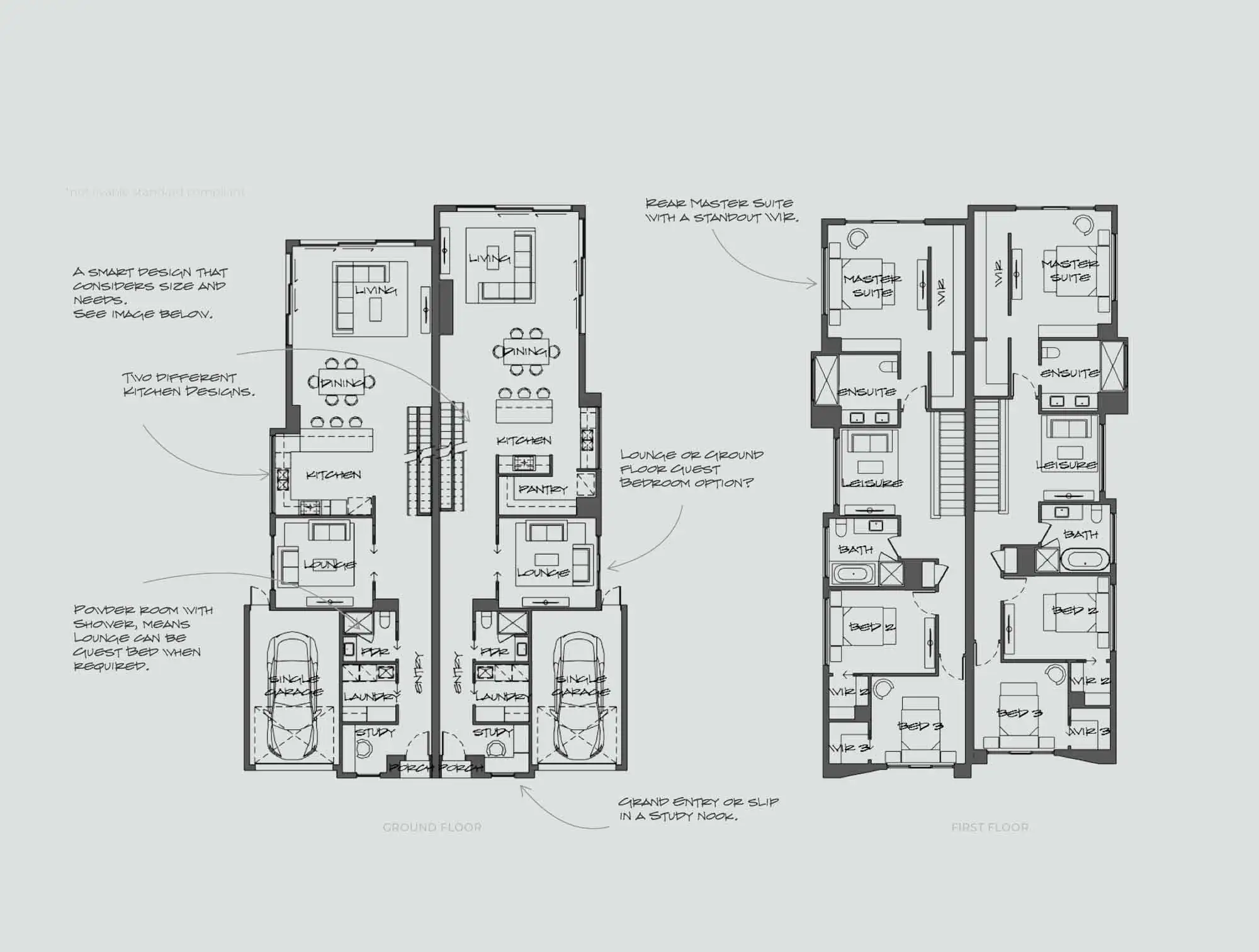 Architectural floor plan showing ground and first floors with labeled rooms, garages, and master suites.