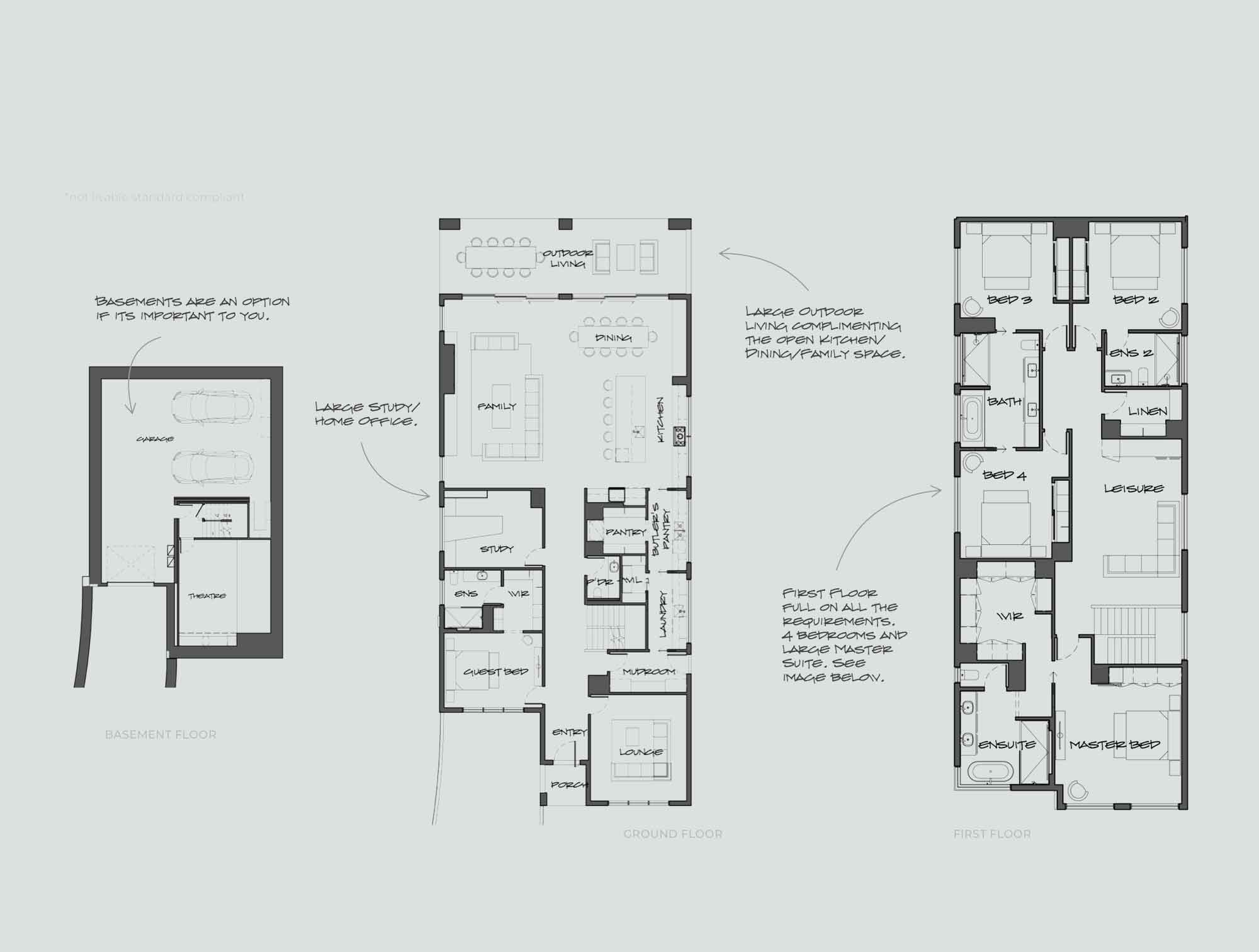 Architectural floor plan of a house showing basement, ground, and first floors with labeled rooms and outdoor living spaces, including garage and bedrooms.