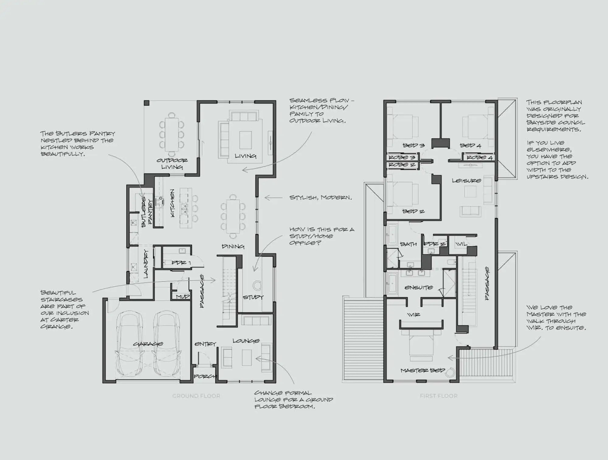Two-floor architectural floor plan showing ground floor and first floor layouts with labeled rooms (kitchen, living, dining, bedrooms, garage).