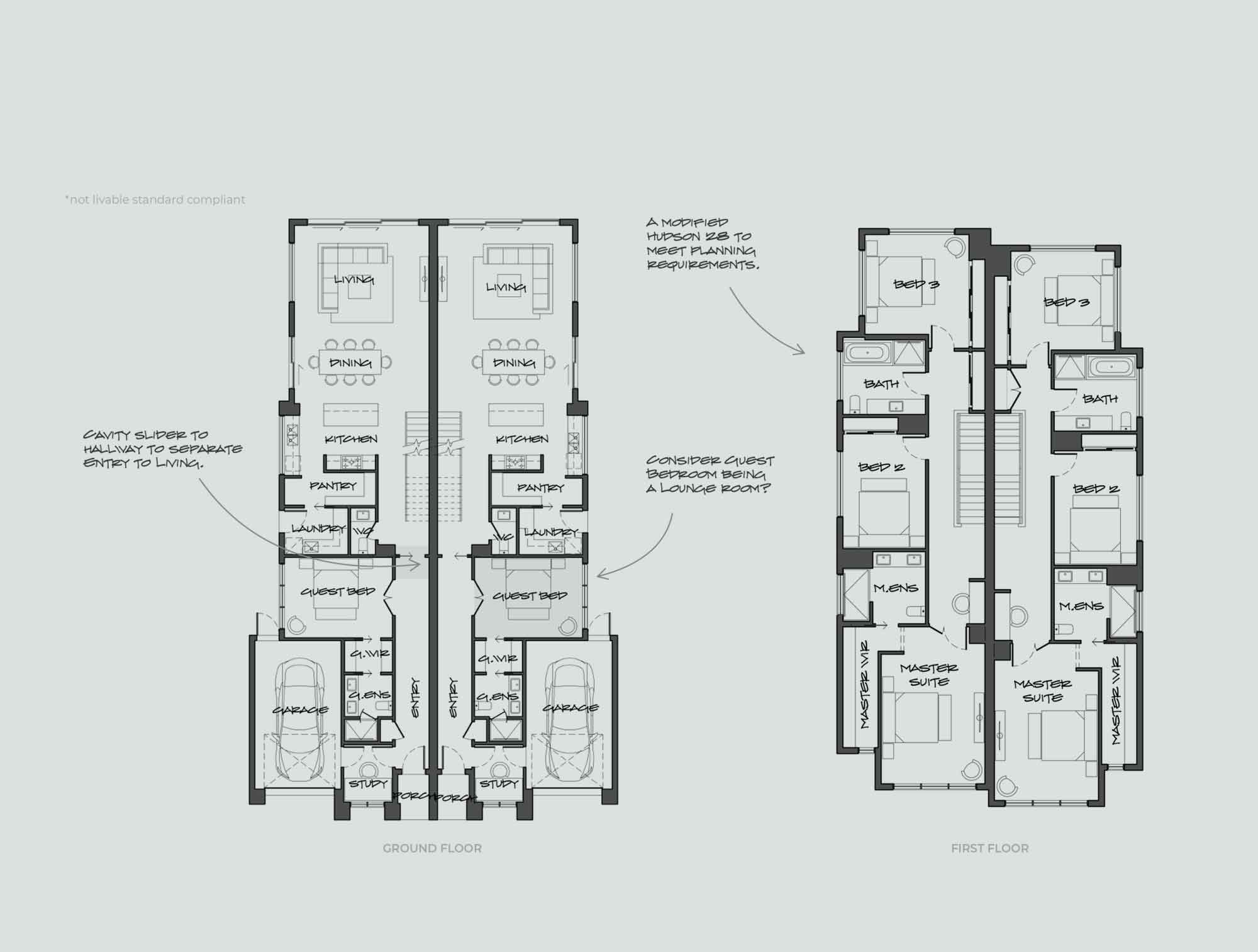 Two-unit duplex floor plan showing ground and first floors with living, dining, kitchen, bedrooms, baths, and garages (blueprint style).