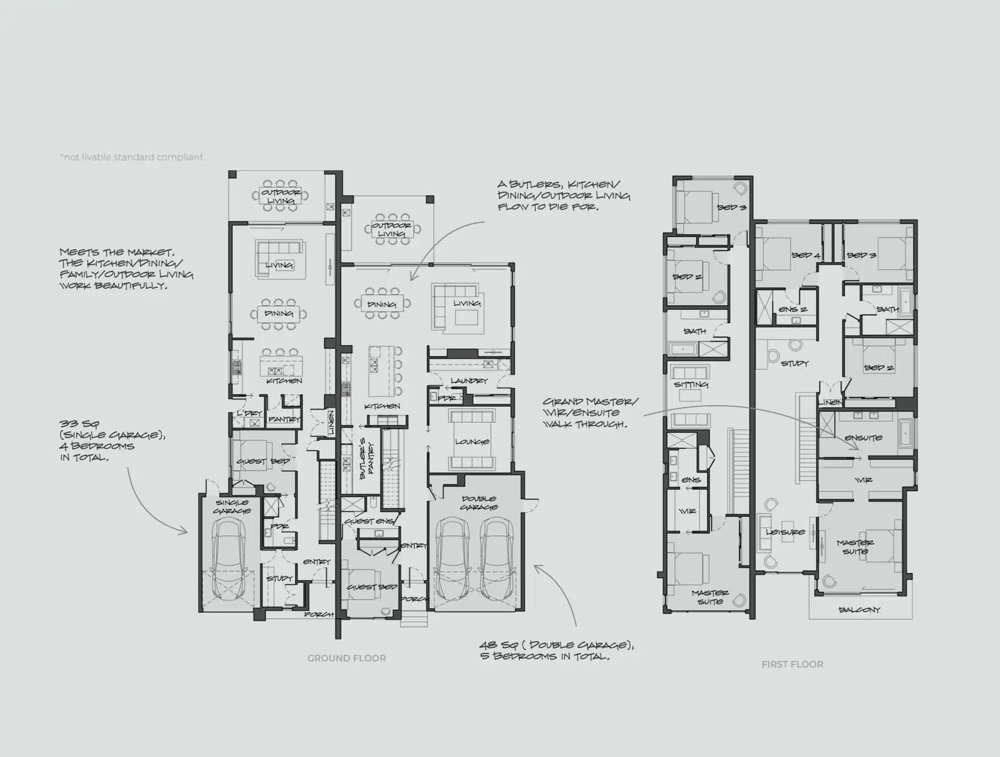 Two-story house floor plan showing ground and first floor with labeled rooms, garages, and living areas in a schematic layout.