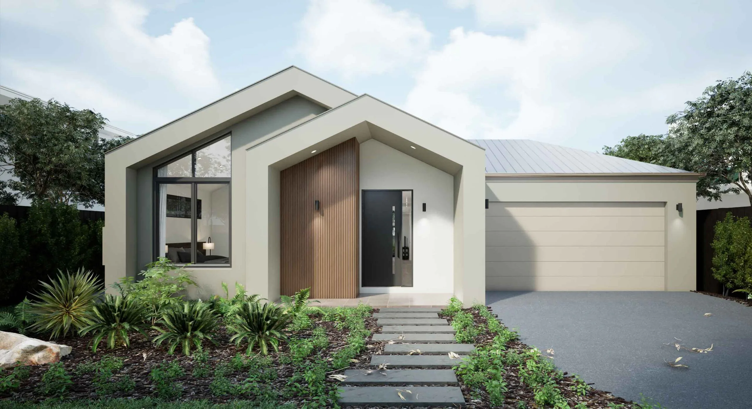 Modern single-story house with a wooden front panel, large window, and a two-car garage, surrounded by landscaping.