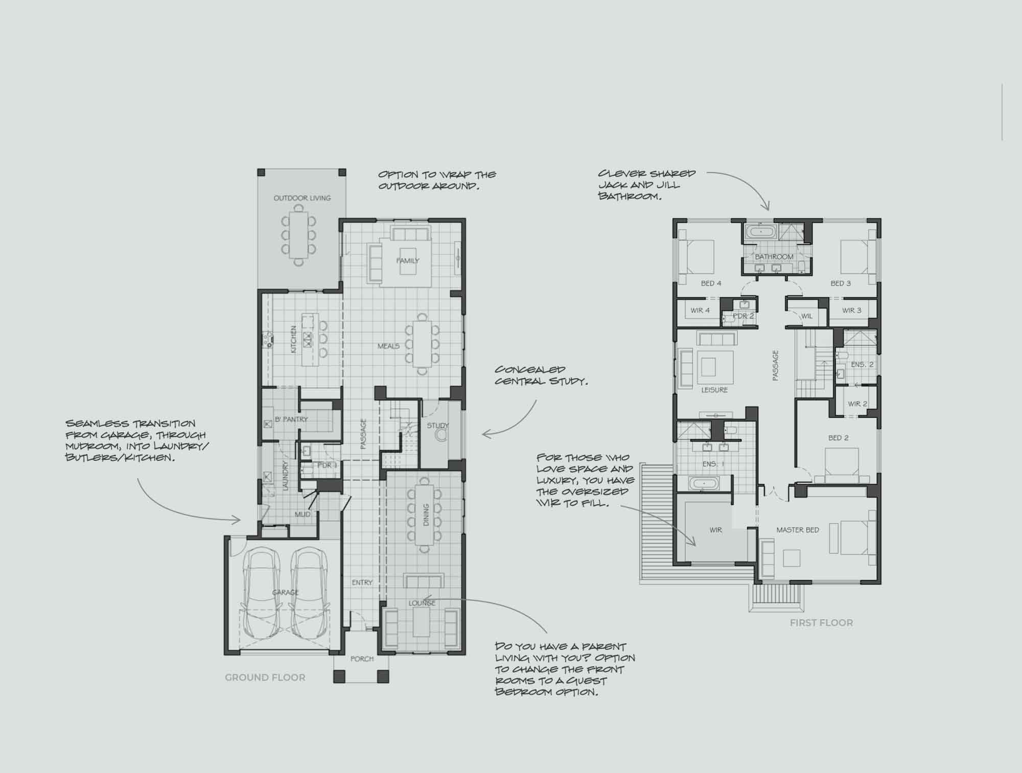 Two-floor house plan: ground floor with garage, entry, lounge, kitchen and dining; first floor with bedrooms and bathrooms.