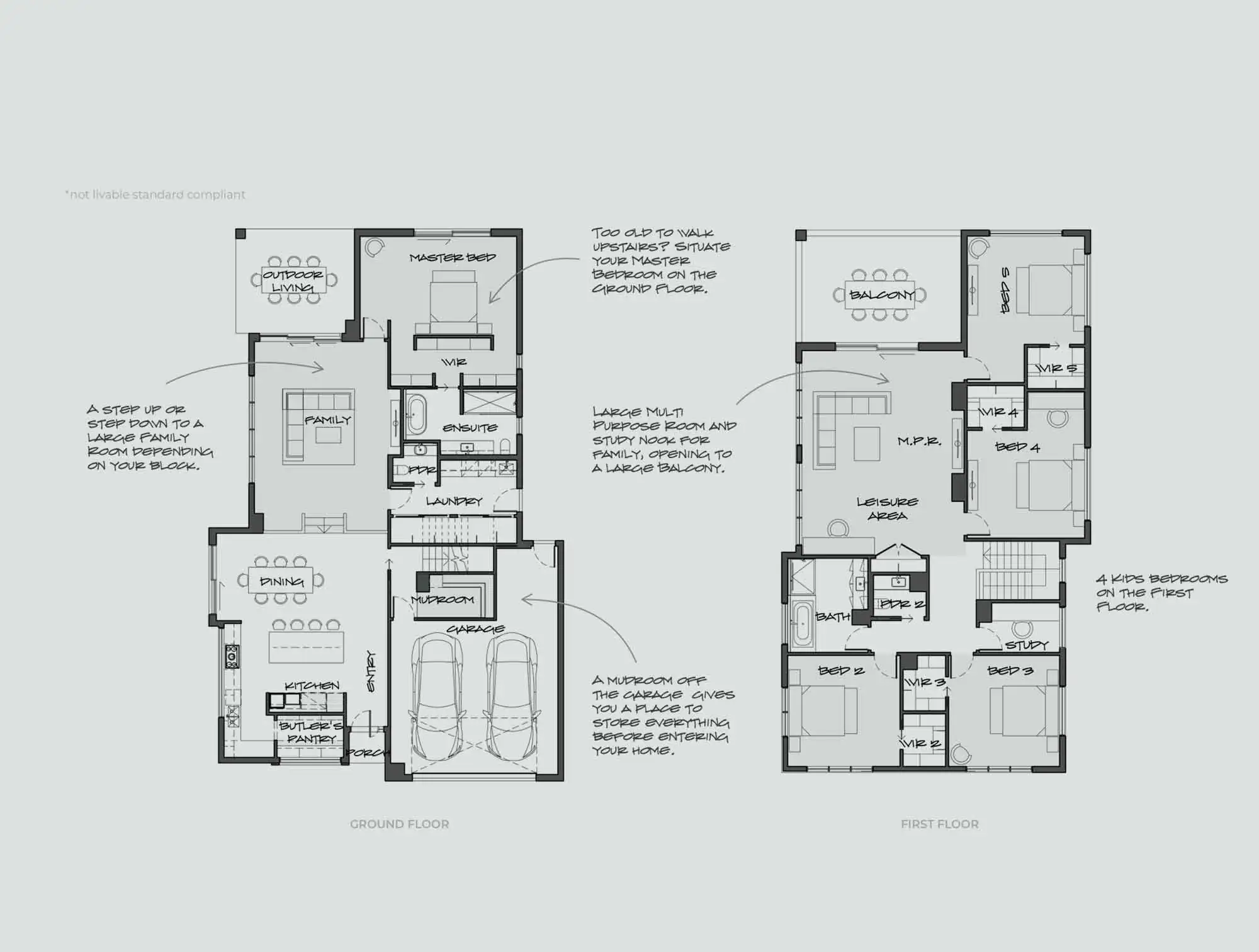 Two-page architectural floor plan showing ground and first-floor layouts with labeled rooms like kitchen, garage, master bedroom, balcony, and leisure areas.