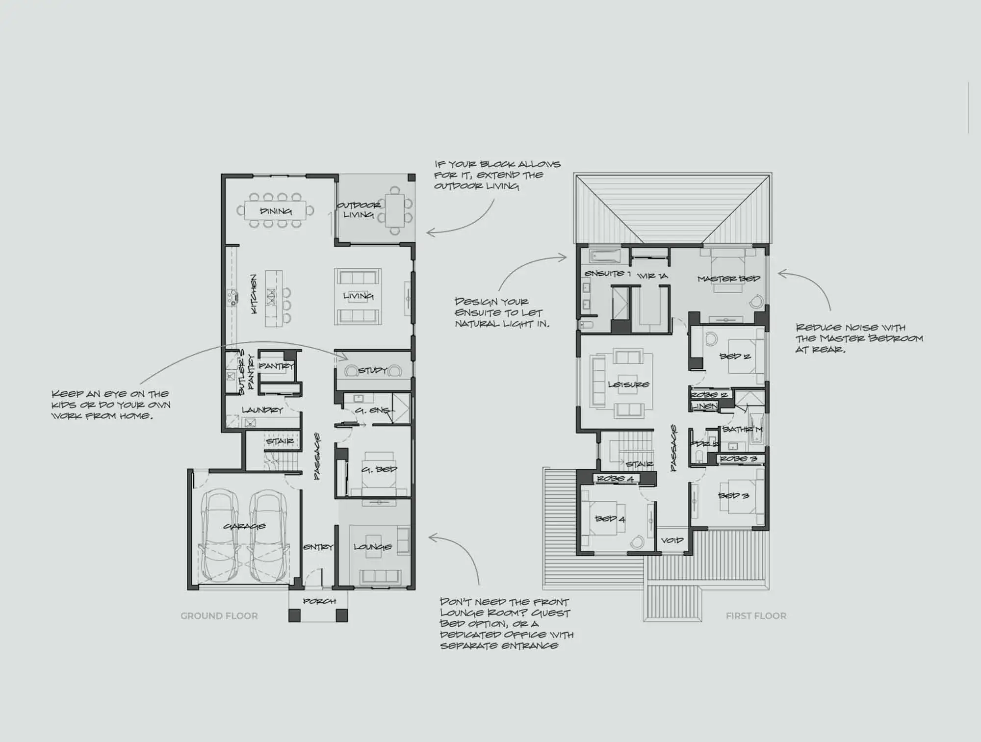 Two-floor house plan showing ground and first floor with labeled rooms: garage, lounge, kitchen, dining, bedrooms, and outdoor living area