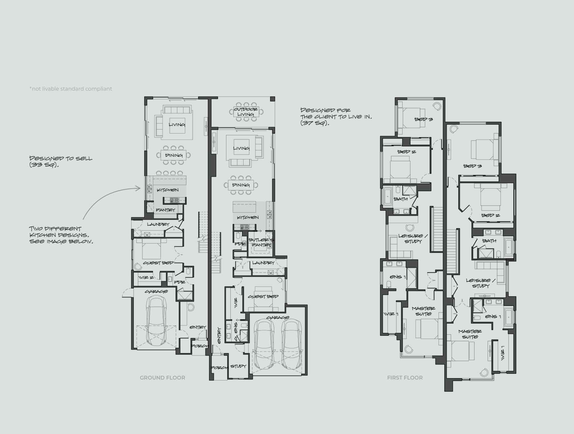 Two-level architectural floor plan showing ground and first floors of a residence, with labeled rooms including living, dining, kitchen, pantry, guest bed, garage, and laundry on the ground floor and bedrooms (Bed 2–3, master suite), baths, and a leisure/study area on the first floor.