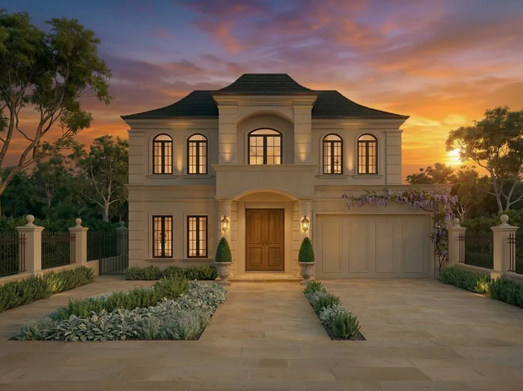 Luxurious two-story beige house at sunset with arched windows, front door, and gated driveway.