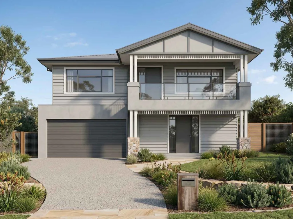 Modern two-story house with gray siding, large windows, balcony, and attached garage; drought-tolerant landscaping in the front yard.