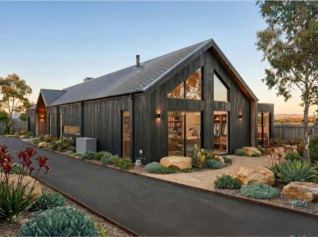 Modern black wooden house with a large pitched roof and glass walls, set in a desert-style landscape.