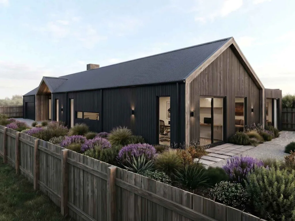 Modern black metal-clad house with a pitched roof, surrounded by a wooden fence and purple flowering shrubs along the border.