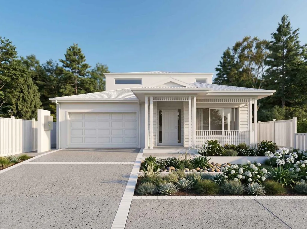White modern two-story house with a front porch and attached two-car garage, surrounded by a white fence and landscaped front yard under a blue sky.