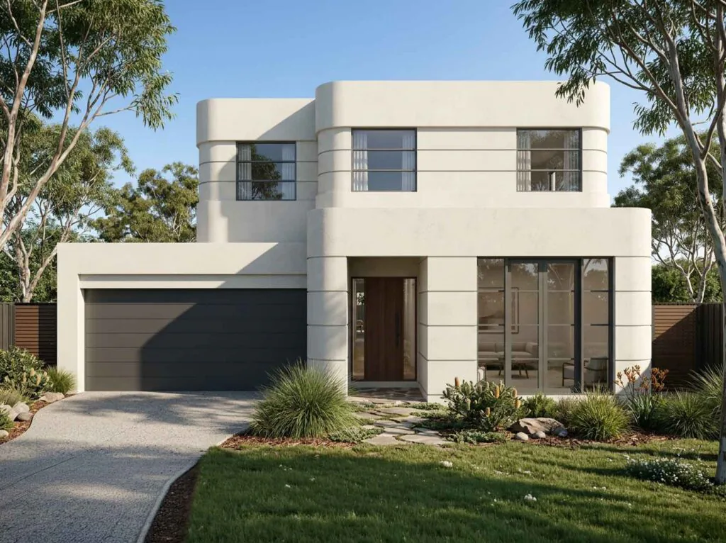 Modern two-story beige house with curved corners, large glass entry, and a double garage, surrounded by desert landscaping.