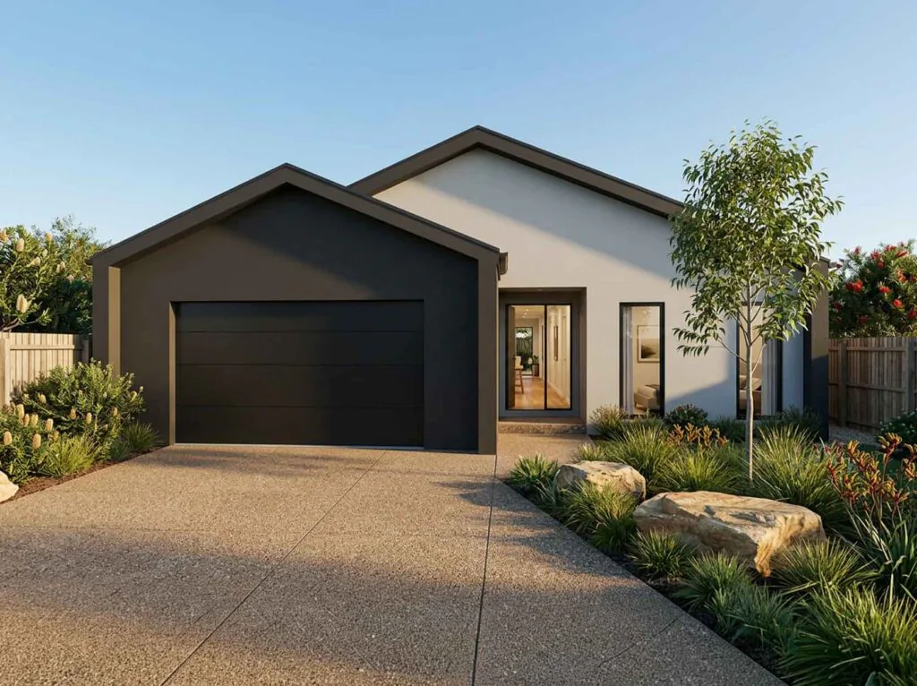 Modern single-story home with a dark gray garage door, white facade, and a landscaped front yard under a clear blue sky.