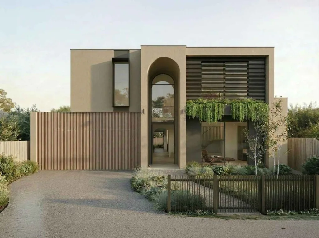 Modern two-story house with arched doorway, beige walls, and a long horizontal window with shutters; greenery hangs from the balcony.