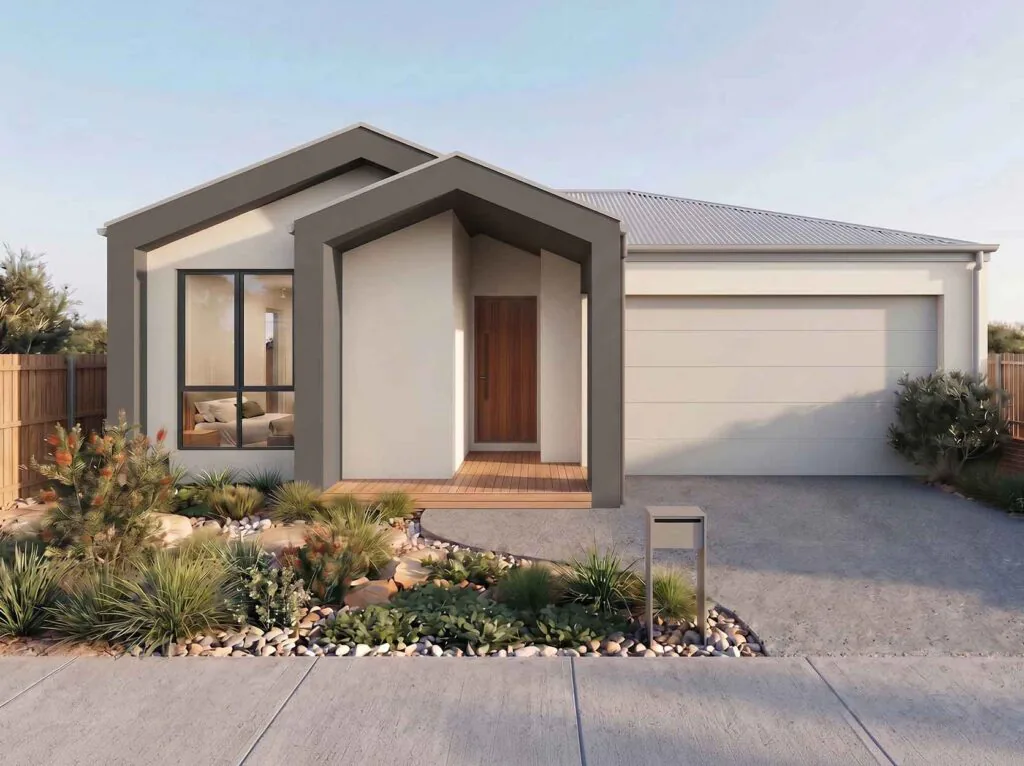 Modern single-story house with a double-car garage, clean geometric entry, and low-maintenance garden in the front yard.
