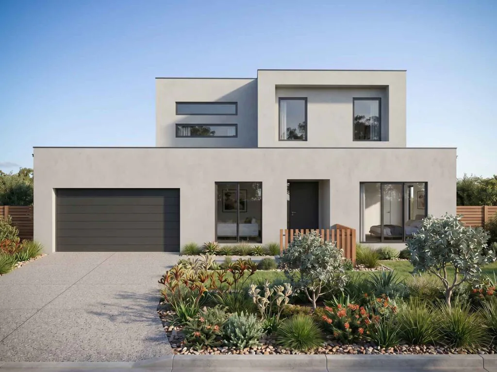 Modern two-story beige house with a dark gray garage door and large front windows, landscaped yard in front.