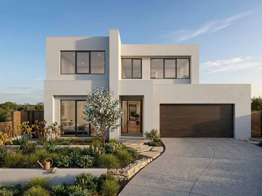 Modern two-story white house with large windows, wood garage door, and a landscaped front yard.