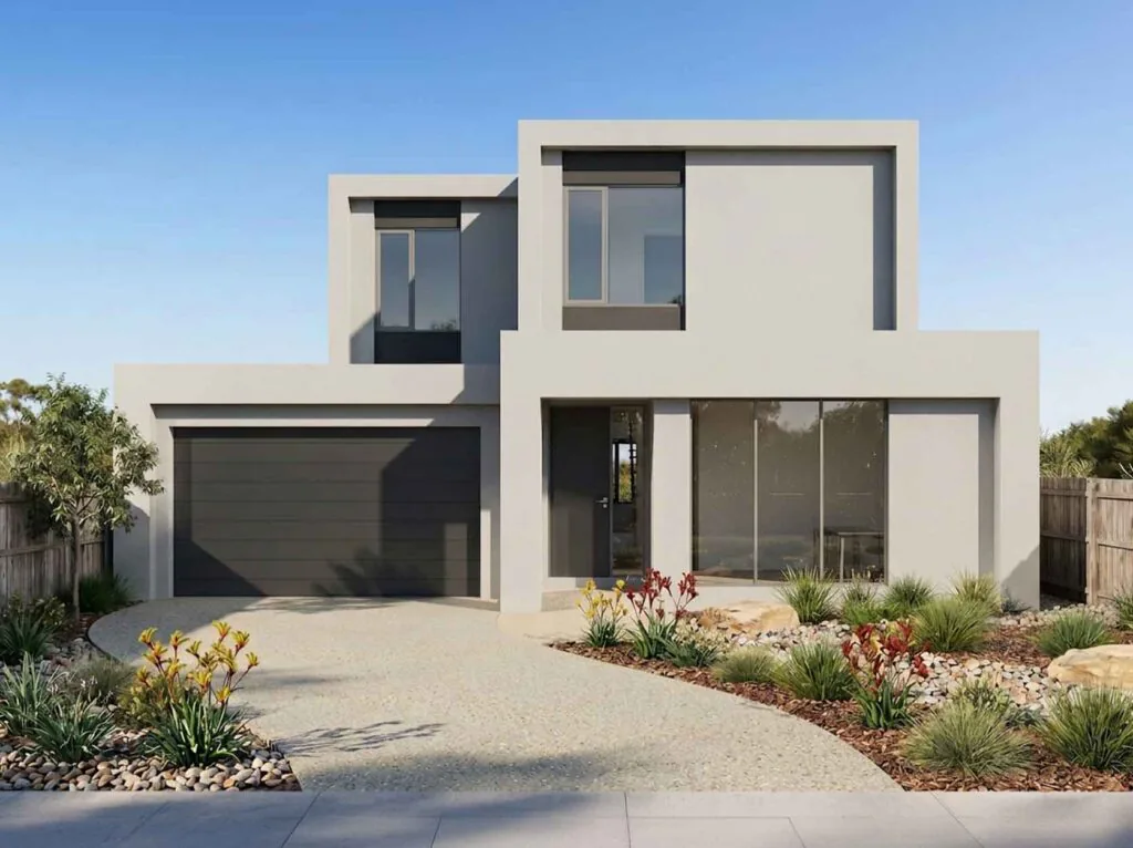 Modern two-story house with a gray facade, large front windows, and a two-car garage; drought-tolerant landscaping in the foreground.