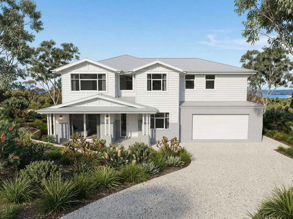 Two-story white suburban house with a gray metal roof, front porch and double garage, surrounded by drought-tolerant landscaping and trees.