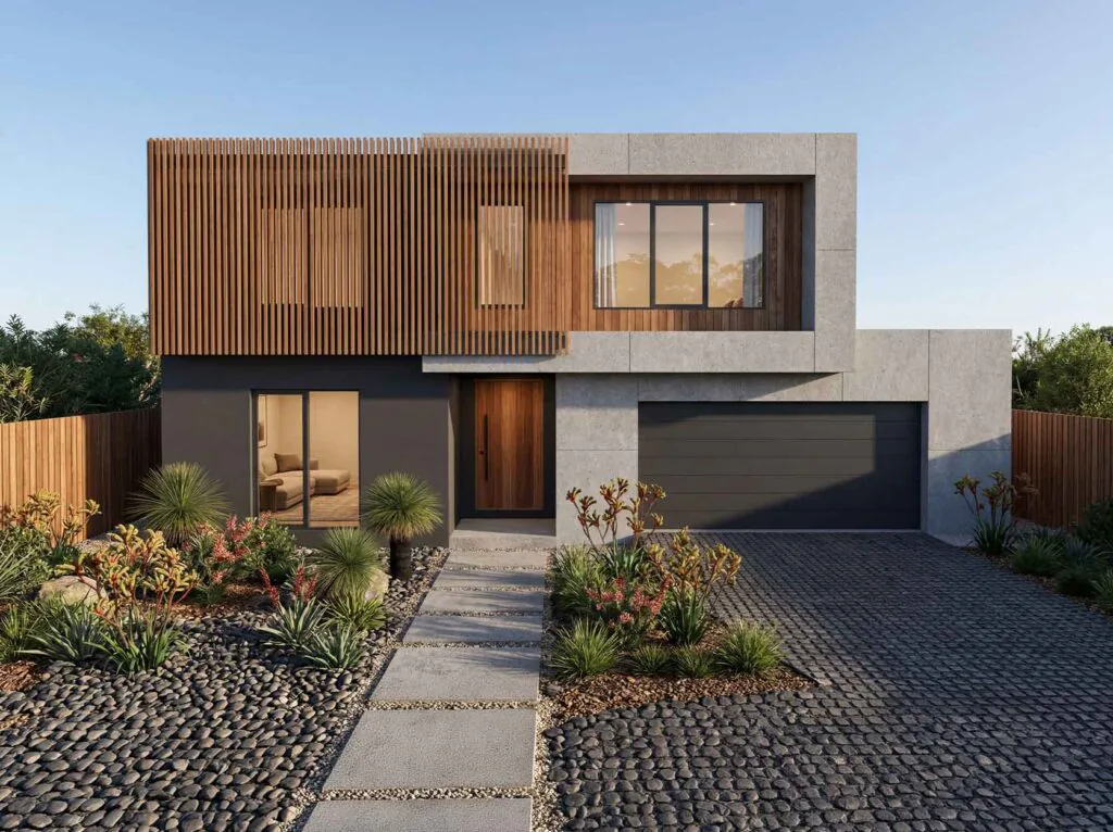 Modern two-story house with a wood slat facade, concrete panels, and a dark gray double garage; stone stepping path to the front door with drought-tolerant plants surrounding it.