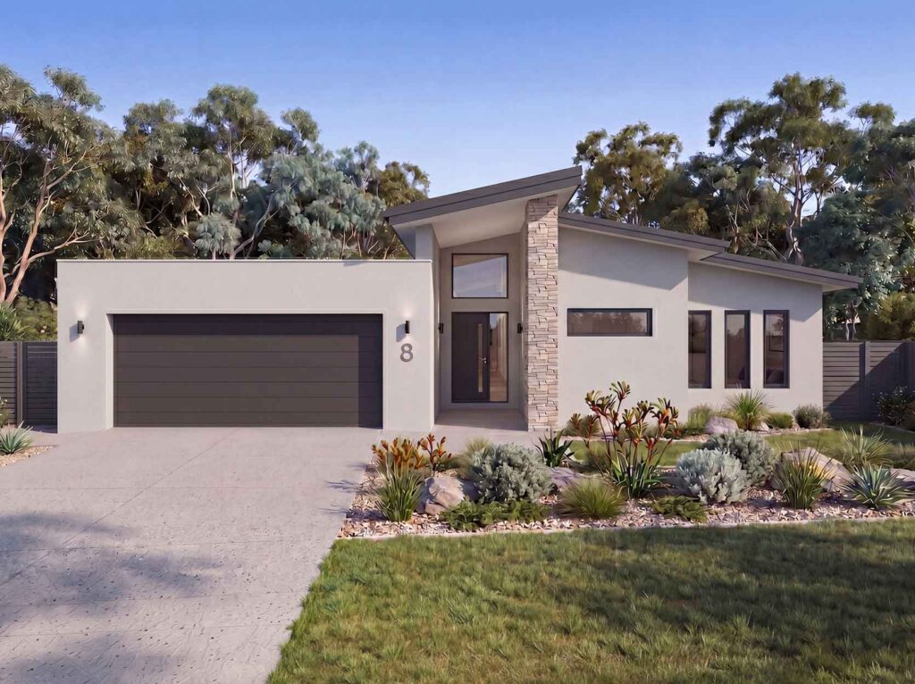 Modern single-story house with a two-car garage, glass entry door, and stone column at the entrance.