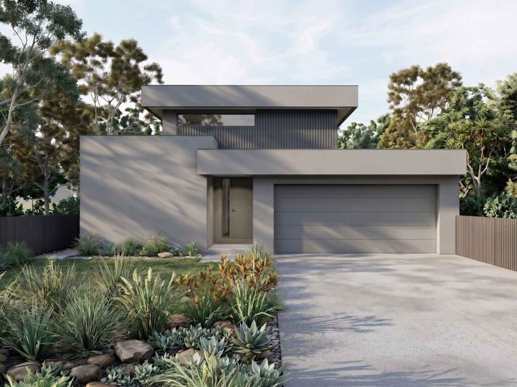 Contemporary gray two-story home with a wide double garage and minimalist facade, surrounded by drought-tolerant landscaping and a concrete driveway.
