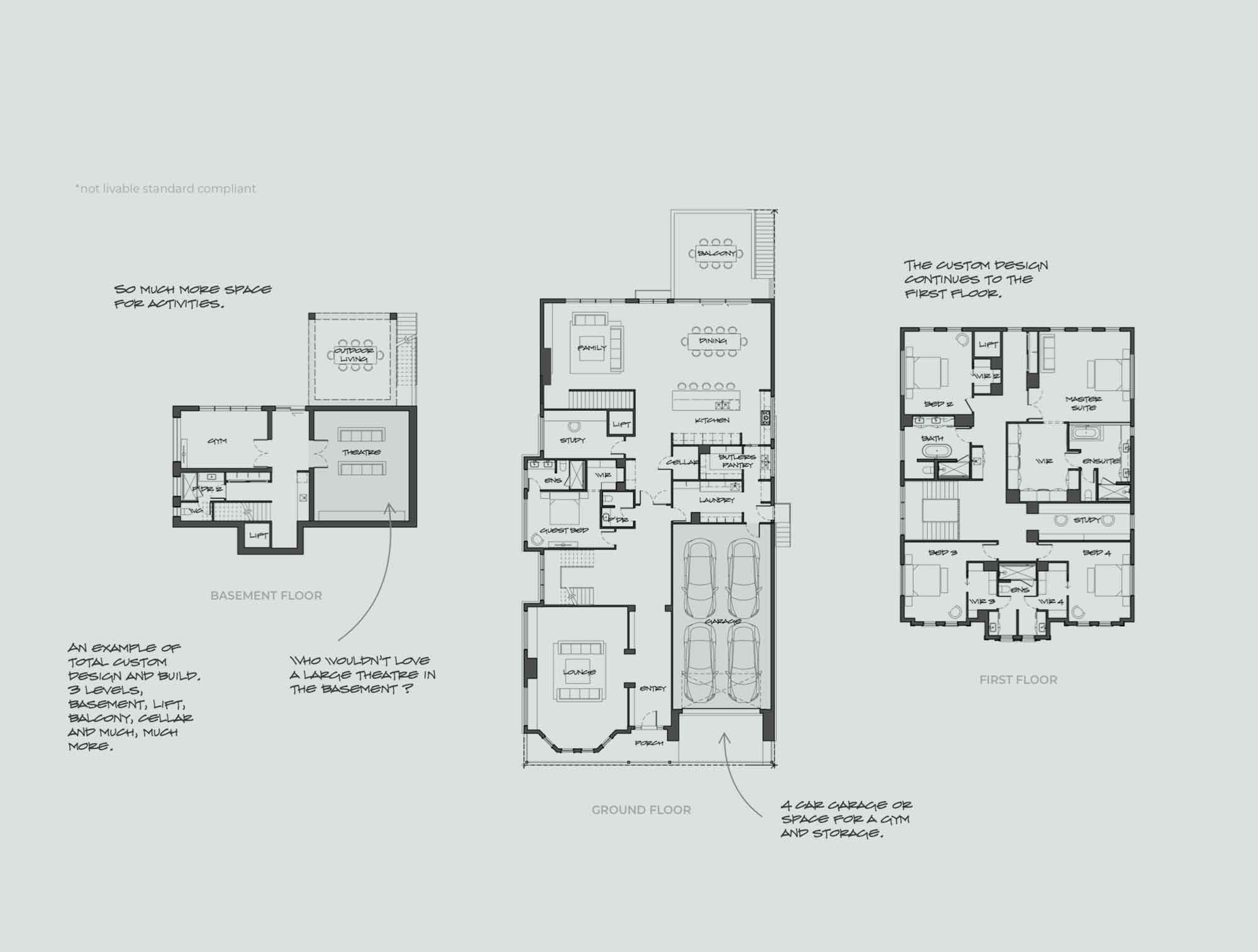 Three-level house floor plan showing basement, ground floor, and first floor with labeled rooms and handwritten design notes (studio, garage, gym, etc.). More detailed layout includes living rooms, dining, bedrooms, and stairs.