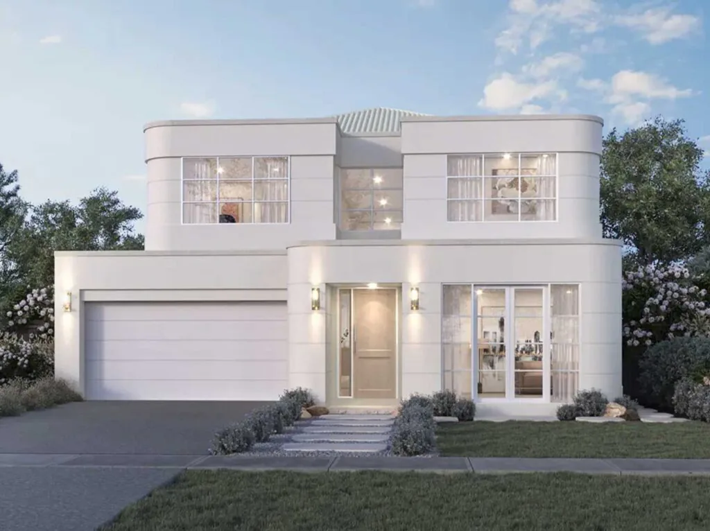 Modern two-story white house with large windows, front entrance, and attached garage, surrounded by landscaping.