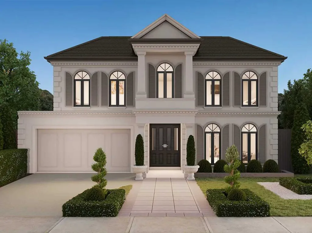 Two-story beige home with arched windows, dark shutters, and a grand black front door with columns on the entryway.
