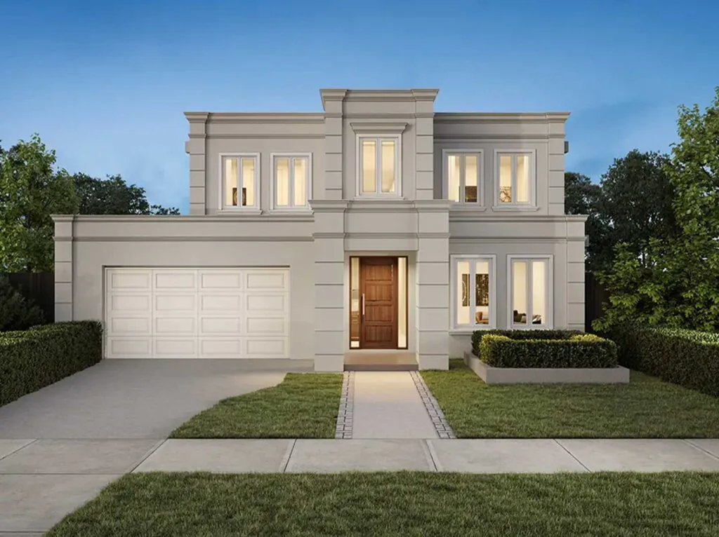 Modern two-story house with a two-car garage, wooden front door, and large windows; green lawn and hedges.