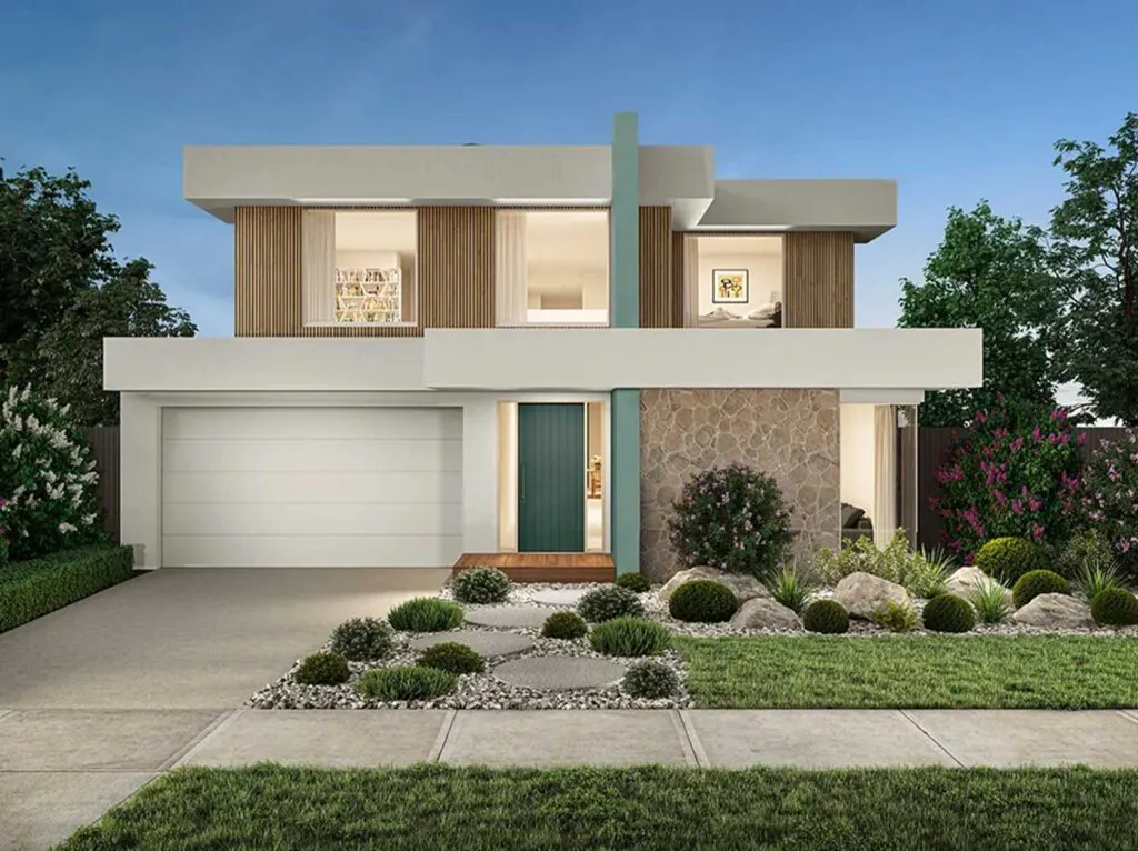 Modern two-story house with a stone accent wall, green front door, and desert-inspired landscaping under a blue sky.