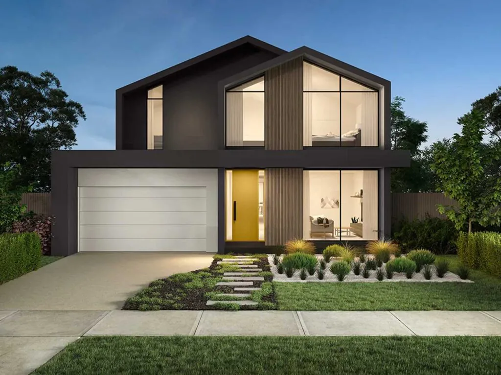 Modern two-story house with a double garage, large glass windows, and a landscaped front yard at dusk.