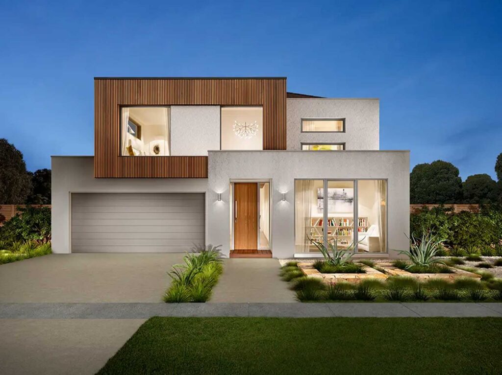 Modern two-story house with a white facade, wooden panel accent above, and large glass windows at dusk.
