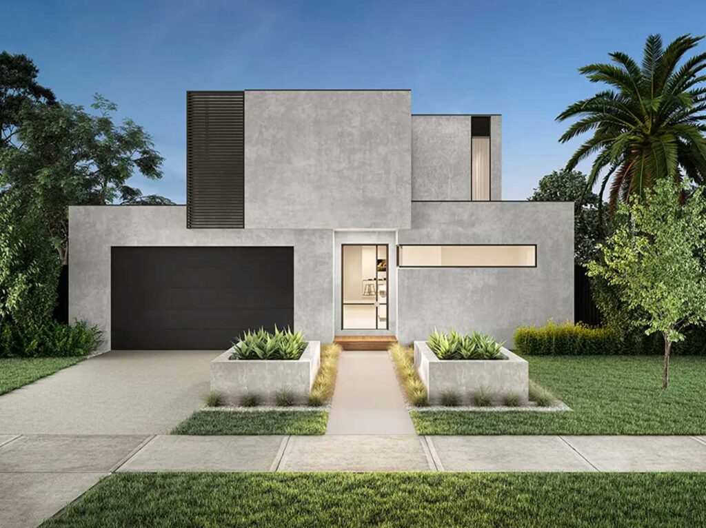 Contemporary gray concrete home with a black garage door and slim glass entry, framed by planters and greenery.