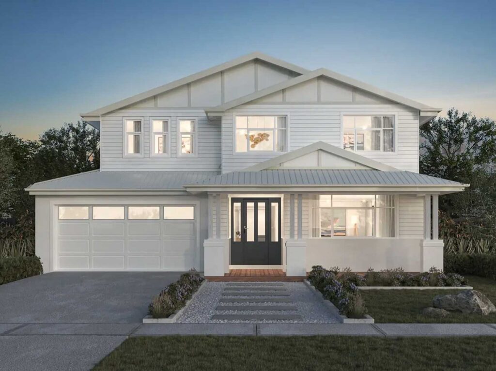 Two-story white suburban house with a double garage and a dark front door, set in a landscaped yard at dusk/dawn.